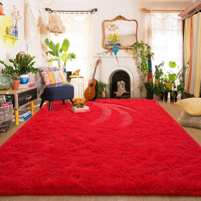 Tapis de chambre à coucher pour salon de filles, tapis à poils longs extra doux et pelucheux, antidérapant, tapis de couleur unie pour la chambre de bébé des garçons, pieds rouges de 5 pi x 8 pi