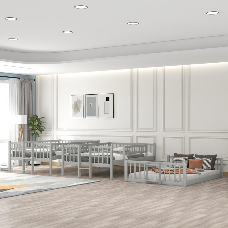 Gris - lit triple complet, structure en bois de pin, intégré et coulissant, maximise l'espace dans la chambre à coucher, peut être utilisé de différentes combinaisons, lit superposé de 78,7 po de profondeur avec garde-corps en bois, stable solide, idéal pour les grands