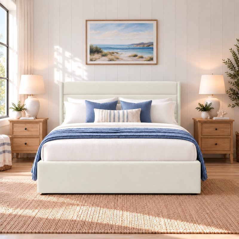 Denicolais Hydraulic Lift Up Upholstered Storage Bed with Wingback Headboard, Queen, Velvet Cream