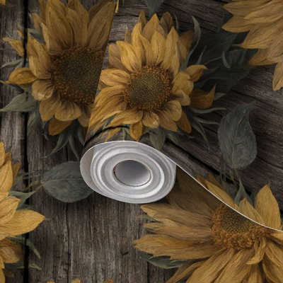 Papier de contact à peler et coller avec imprimé floral tournesol de bois de grange usé, auto-adhésif et amovible 17,7 po x 118 po (45 x 300 cm)