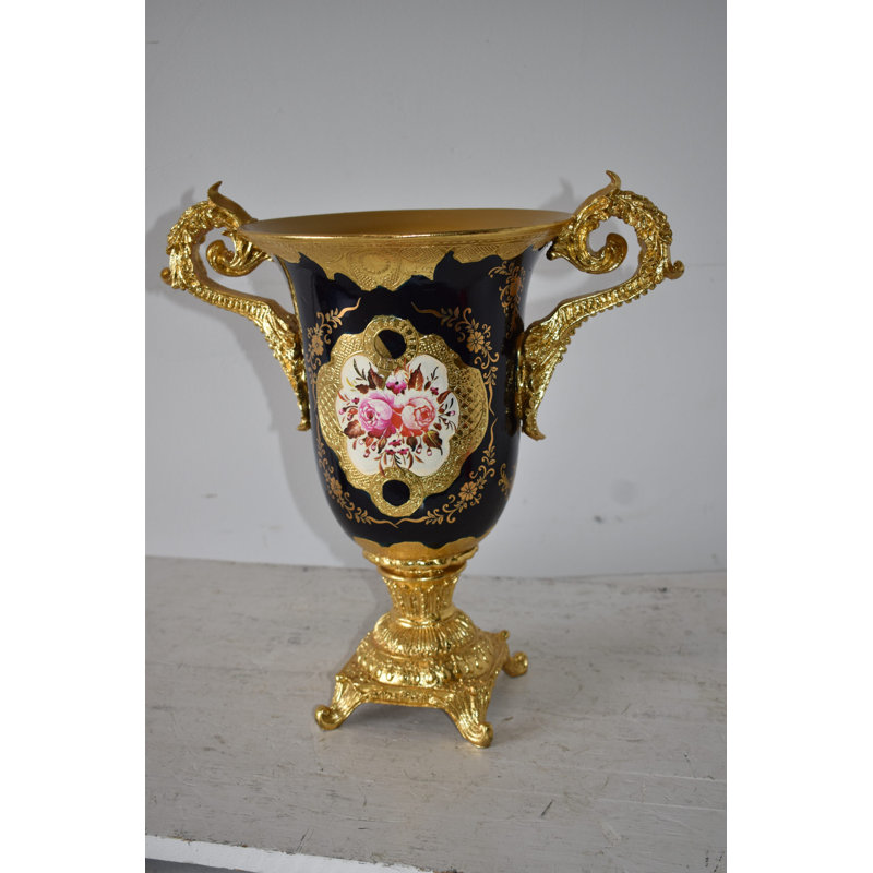 Black And Gold Large Krater Decoration Resin Vase Size: 17" X 10" X 16"H