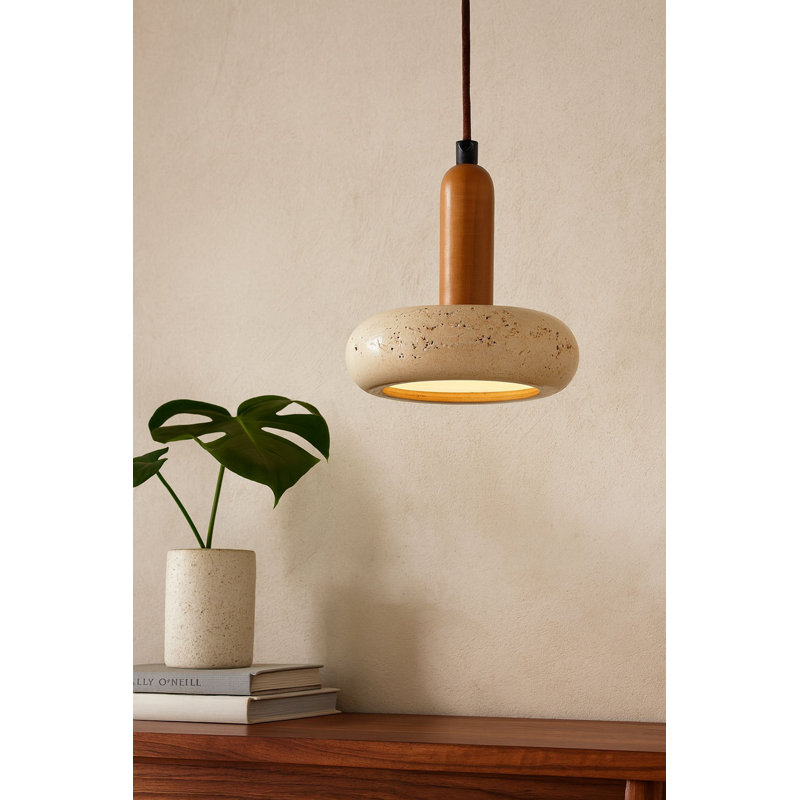 Lustre réglable élégant, finition beige et chêne, d'une hauteur de 22 à 59,8 pouces | Corps en bois avec capuchon en travertin, 1 x douille DEL 24 W, indice de protection IP20 | Parfait pour la décoration de salle à manger, de salon et de vestibule