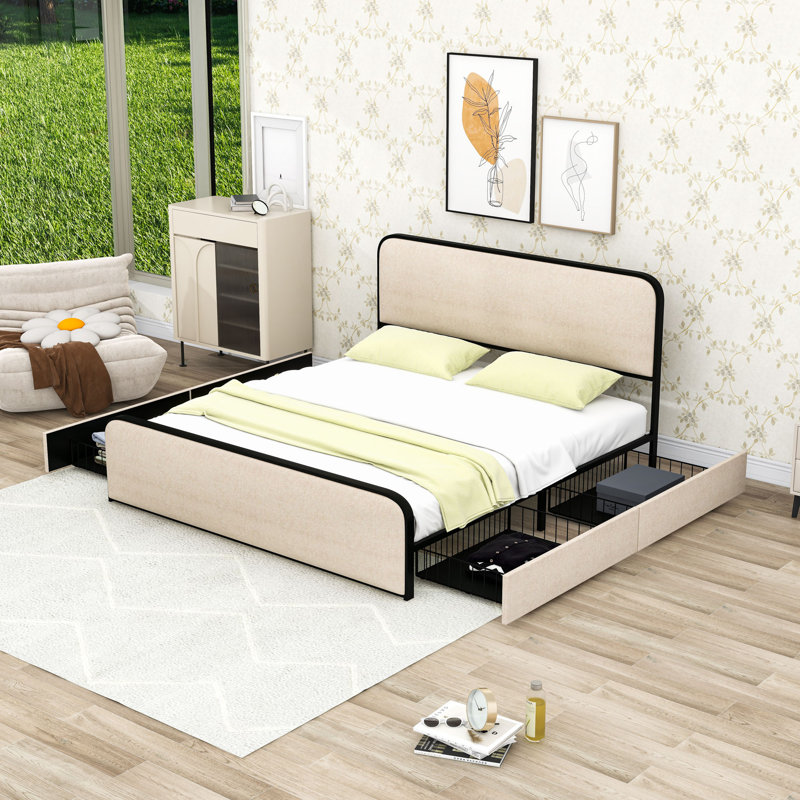 Lit plateforme avec tête de lit tapissier et tiroirs de rangement intégrés, Très grand lit