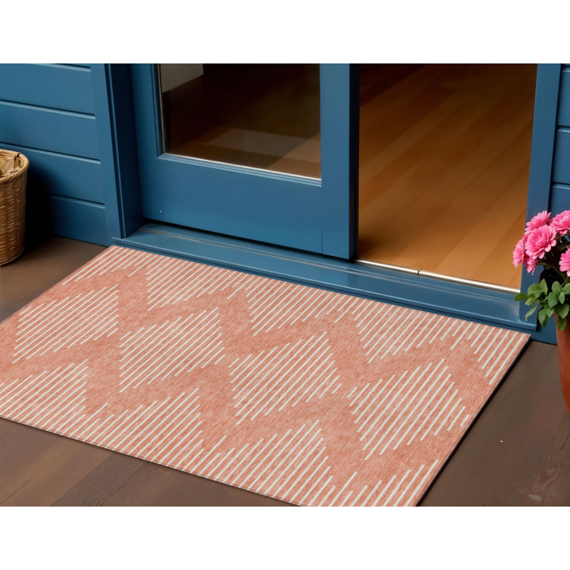 HomeRoots 3' X 5' Salmon And Ivory Geometric Washable Indoor Outdoor Area Rug