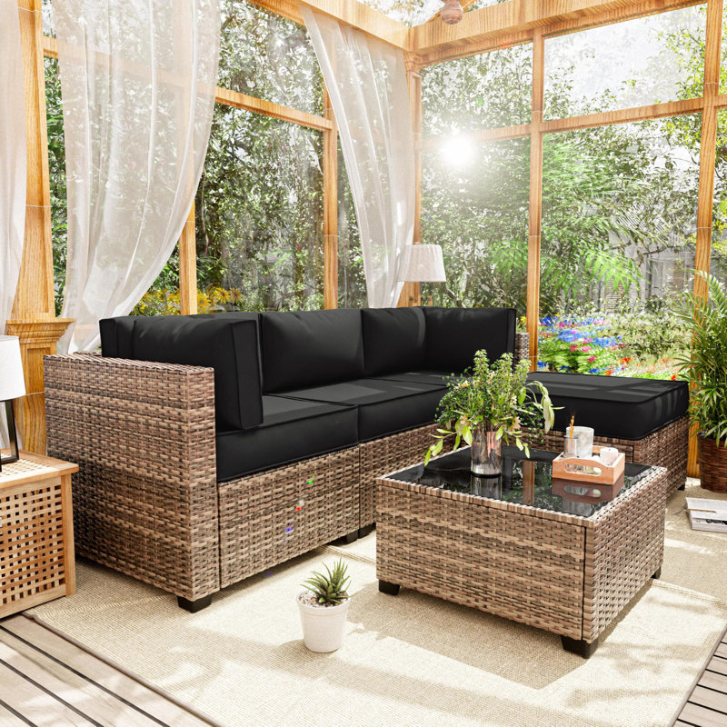 9-Piece Outdoor Replacement Cushion Set Seat/Back Cushion (Set Of 3 Seats , 5 Backs,  1 Footrest), Black