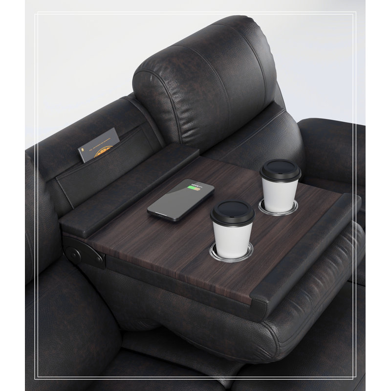 Breathable Fabric Power Reclining Sofa with Drop Down Table,USB Button and Wireless Charger, Espresso Faux Leather