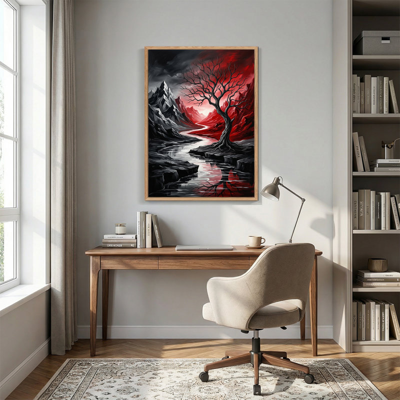 «Black Tree in Red Mountain Valley», art mural sur toile, H 48 po x l 32 po