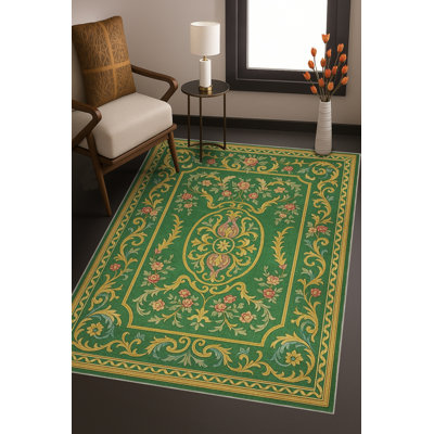 Tapis vert tissé à motif floral lavable Mosso