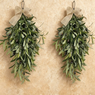 2Pcs 24 InchArtificial Teardrop Swag Olive Wreath,Teardrop Swag Wreaths for Front Door, Wall Mounted Green Swag Wreath, Olive Dangling Ornament with Bow, Garland Decor for Home Farmhouse