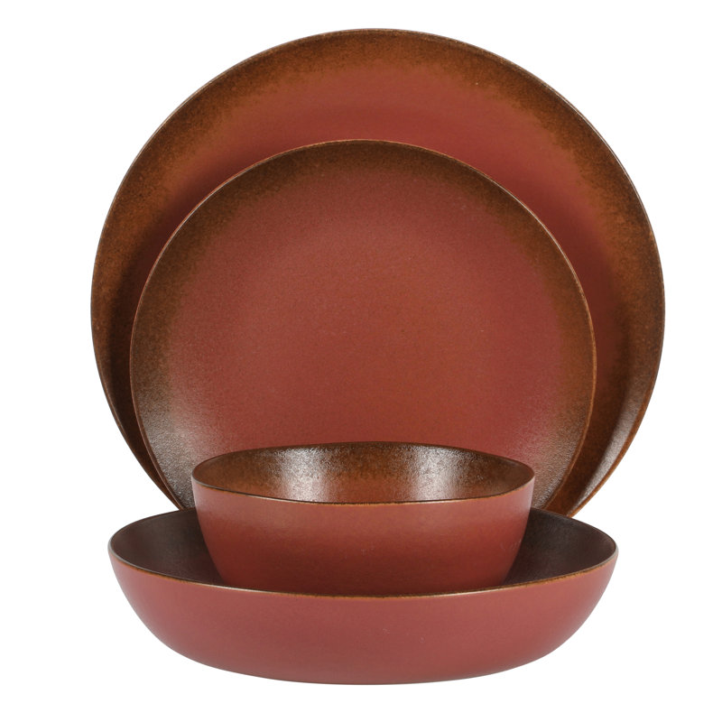 Ensemble 16 pièces de vaisselle et bols en grès réactif Palermo Sun, Rouge paprika