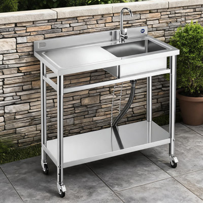39.6×19.8×41.6 Inch Portable Stainless Steel Single-Bowl Commercial Sink With Casters, Faucet, Hot And Cold Water Fittings, Versatile Work Basin For Multiple Scenarios.