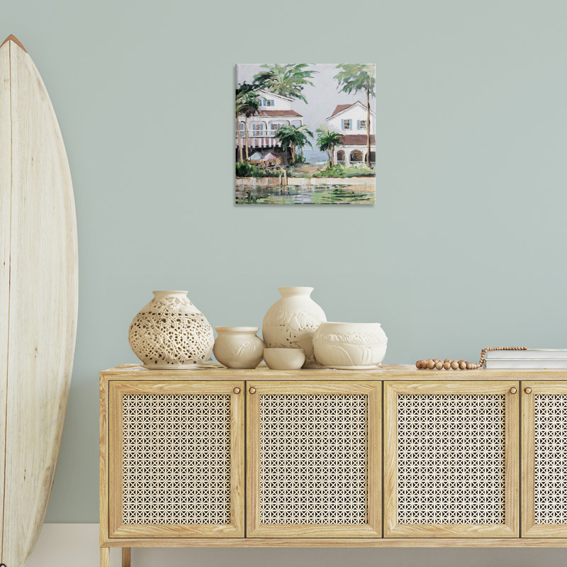 Art mural sur toile, "Coastal bay chalets" par Jane Slivka, H 24 po x l 24 po