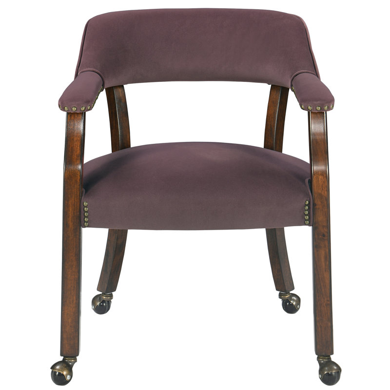 Wexford Collection Mid-Century Modern Upholstered Fabric Dining Chair, Wood Accent Chair with Arms and Casters for Dining Room, Vanity or Office, Velvet-Look Black Dining Chair