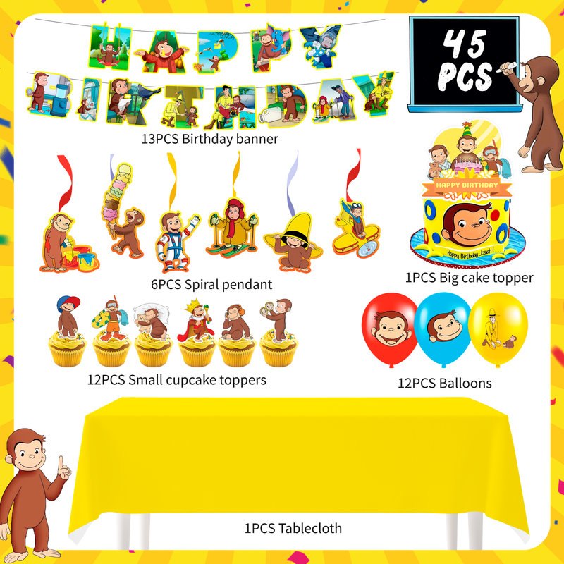 45Pcs Curious George Party Decorations Supplies,Curious George Birthday Party Decorations Set