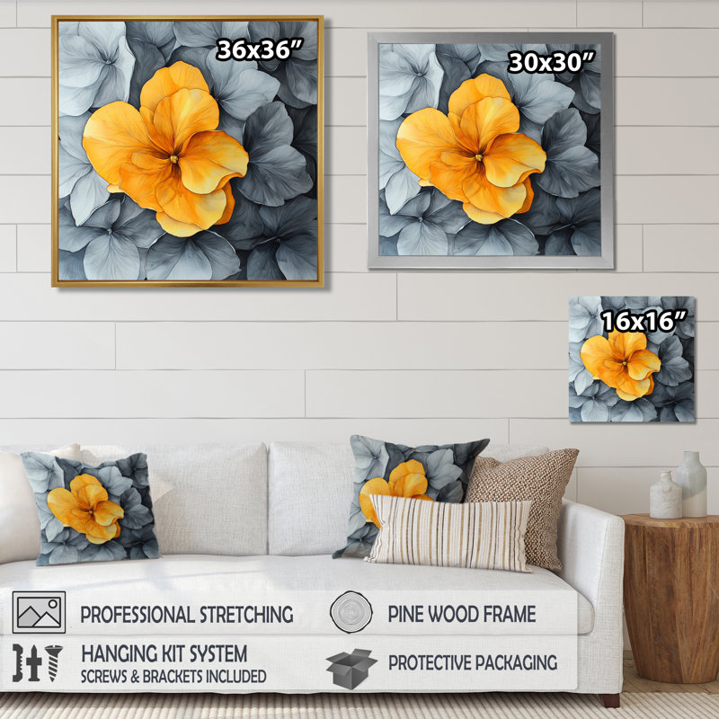 Gris, hortensias gris avec décor jaune I - Hydrangea, art mural sur toile, Impression encadrée flottante, H 36 po x l 36 po