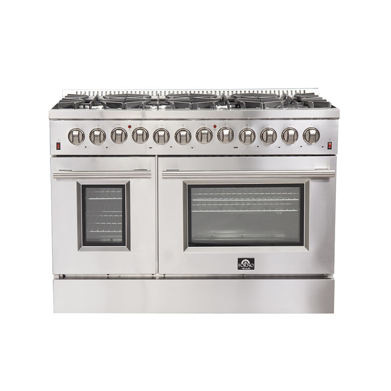 Cuisinière à double combustible autoportante de 48 po Galiano, 8 brûleurs scellés, 6,58 pieds Pi. Fours doubles et plaque chauffante