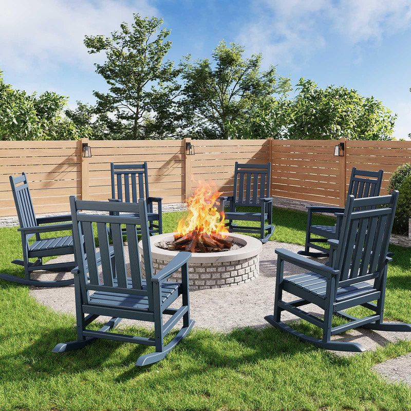 HDPE Rocking Chair Set of 6 – Weather-Resistant High Back Patio Rockers for Outdoor Use, Blue