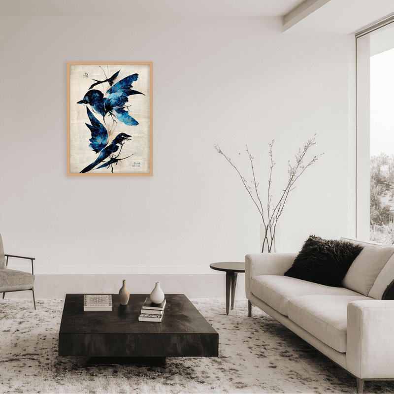 Nature Inspired Blue Birds, 30" H x 24" W x 1.125" D, Framed Matted Print, White