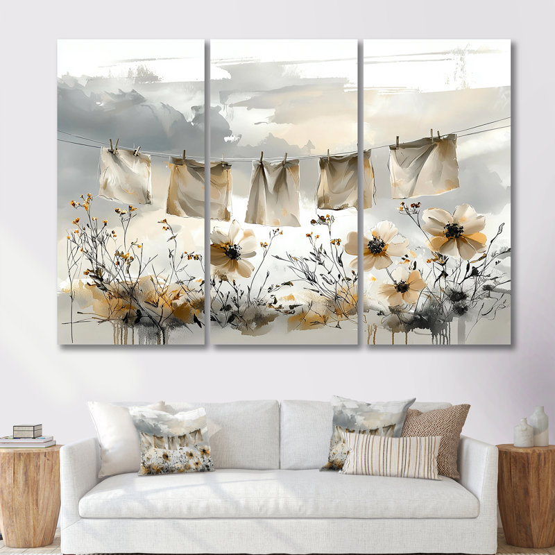 Gris - Hanging Out Laundry II - ensemble d'art mural, H 60 po x l 84 po x P 1,5 po, Toile tendue