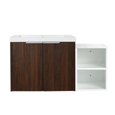 36 Inch Bathroom Wall Mounted Vanity, Soft Close Door, Walnut Finish Vanity With Resin Sink And Drawer,