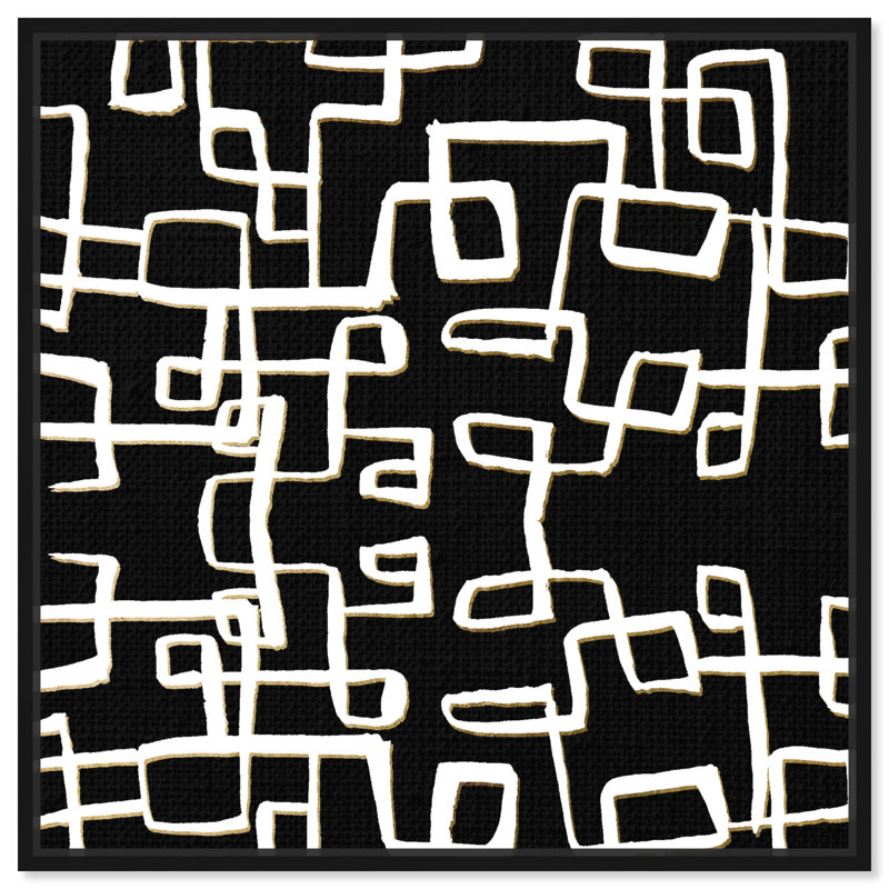 Motif géométrique noir, lignes et carrés modernes - impression sur toile, Cadre en bois noir, H 13 po x l 13 po