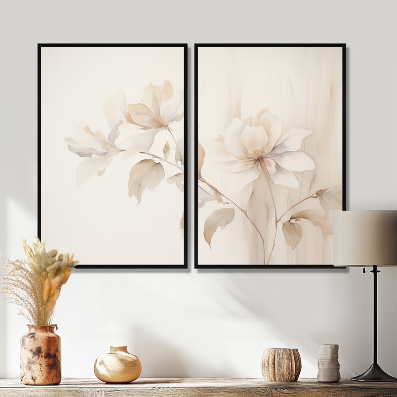 Élégance botanique blanche II - art mural moderne 2 panneaux, 36" H x 48" W, Impression encadrée flottante, Black