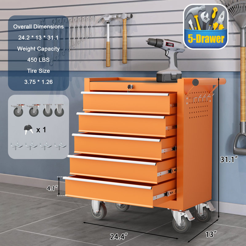 31.1'' Tool Box With 4 Rolling Wheels, 5-Drawer Metal Storage Chest (Orange), Orange