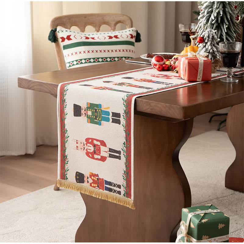 Multicolored Nutcracker Fringe Holiday Table Runner Soldier Print Festive Table Cover 14" W, 14" W x 66" L
