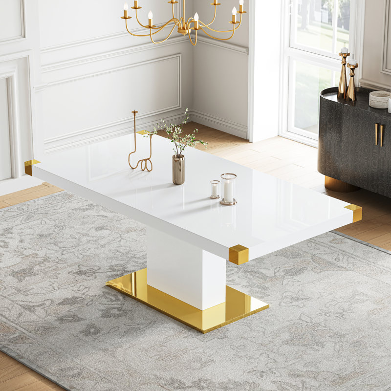 Rectangular with Stainless Steel Base Dining Table, White/Gold