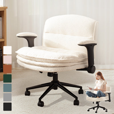 Ergonomic Armchair Office Chair, Swivel Vanity Chair with Adjustable Flip-up Arms and Wheels, Wide Seat Computer Chair with 3 Layer Cushions by Ebern Designs