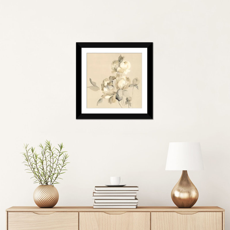 « pivoine fleurs », impression sur toile, H 16 po x l 16 po x P 1 po, Papier d'art encadré noir, Blanc