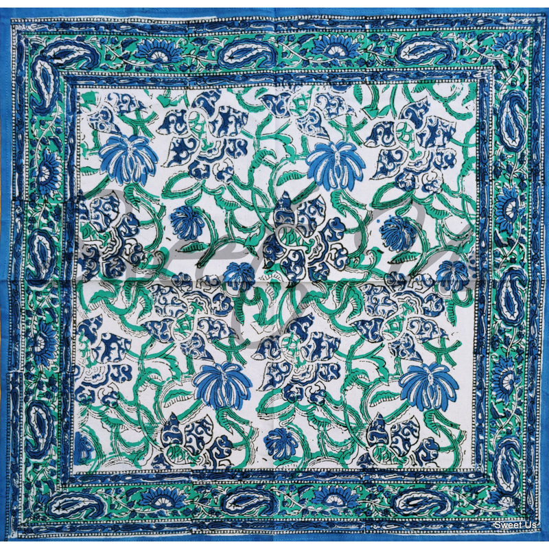 Floral Block Print Paisley Cotton Tablecloth Collection, 60" x 60"