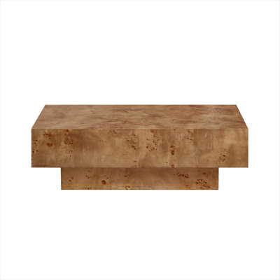 Rich Brown Burl Wood Veneer Coffee Table, Mid-Century Modern Rectangle, Pedestal Base for Living Room