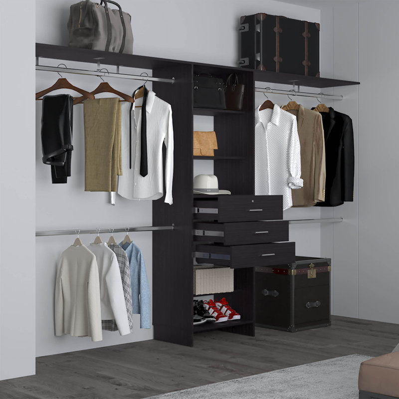 Closet System, 3 Drawers, 5 Shelves, 118.21"W x 15.81"D, Black