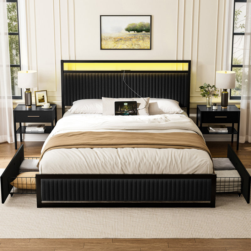 Antioch Upholstered Platform Bed with 2-Drawer Storage and Charging Station, Full, Black