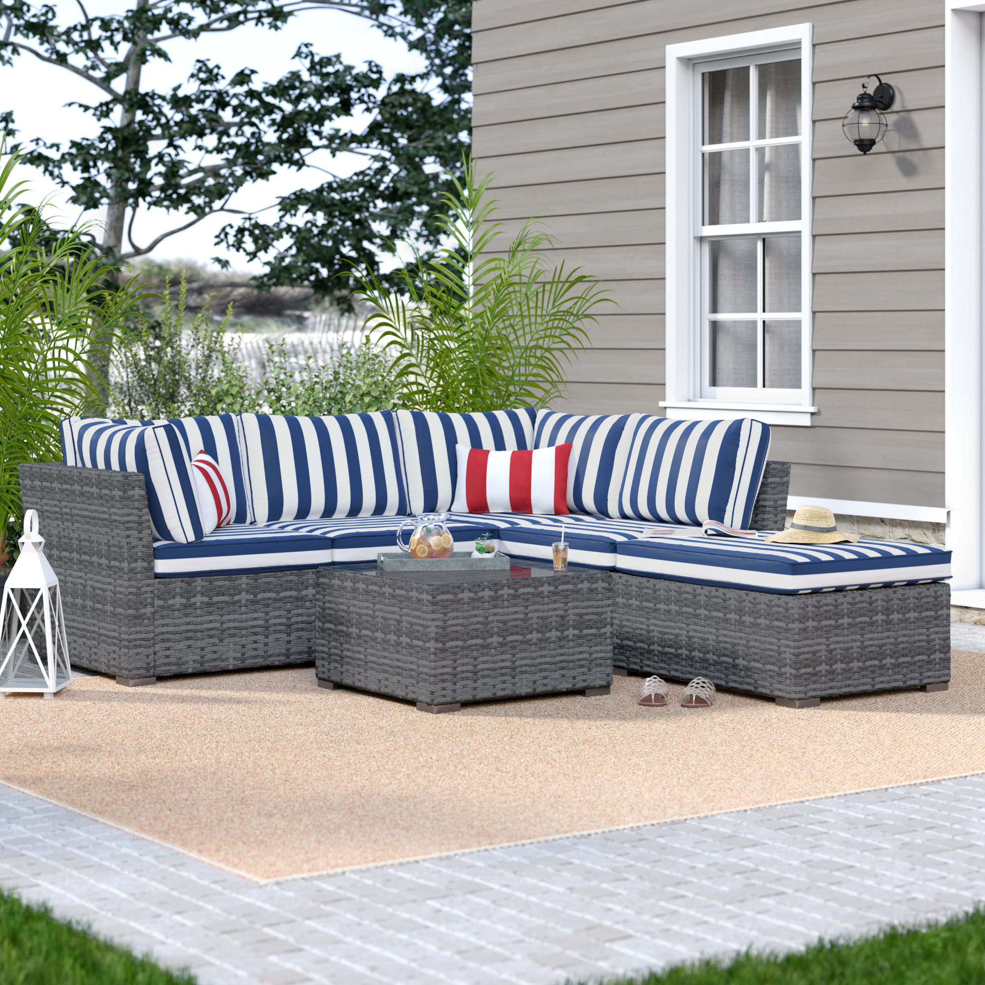 5 Piece Rattan Sectional Seating Group with Cushions