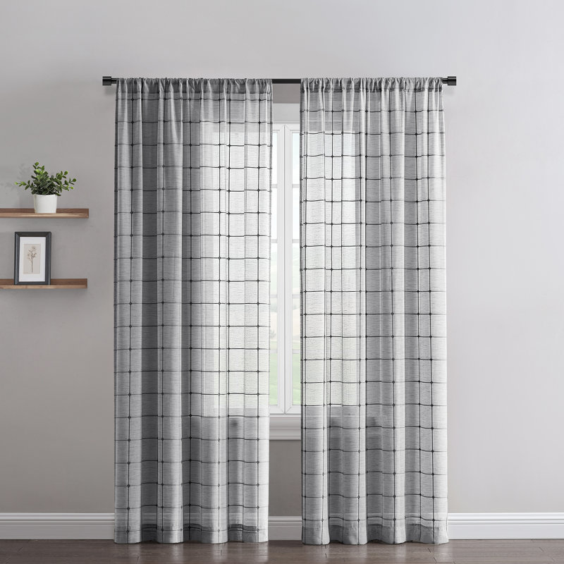 Rideau semi-transparent à carreaux avec passe-tringle, Gris, L 52 po x L 84 po