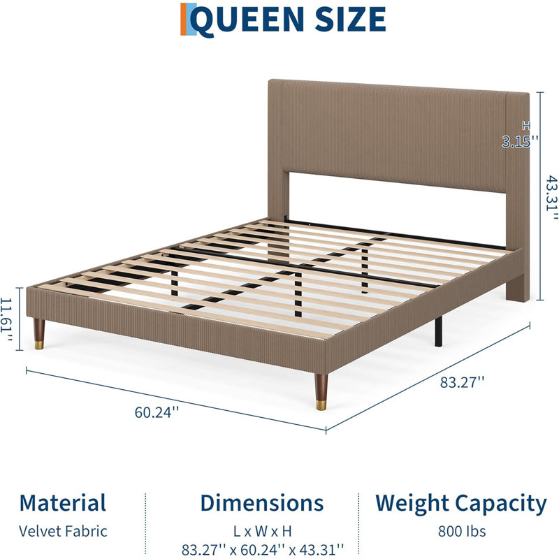 Queen Upholstered Platform Bed Frame, Fabric Headboard, Metal Frame with Wooden Slats, Modern Bedroom Use ,Brown, Brown