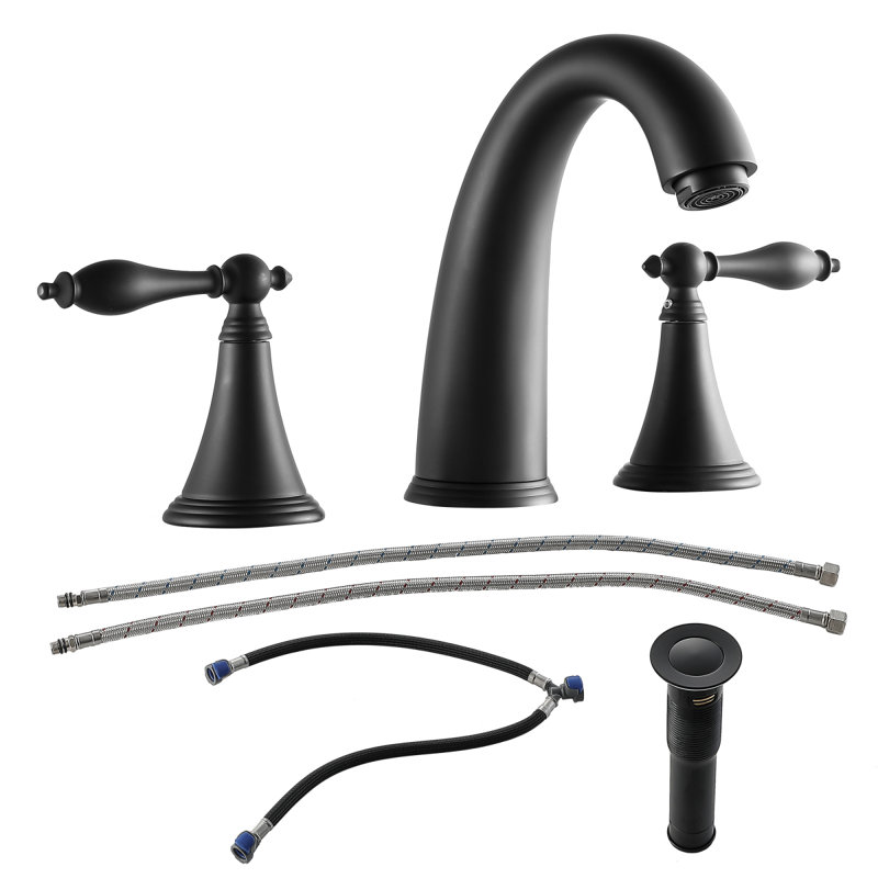 Robinet de salle de bain surdimensionné à 2 poignées, 3 trous, avec bonde escamotable et 2 conduites d'alimentation en eau, noir mat