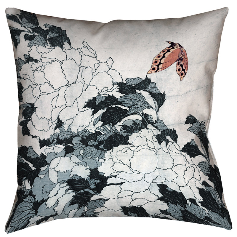 Coussin décoratif en coton Katsushika Hokusai, 26 po x 26 po, Pêche / gris