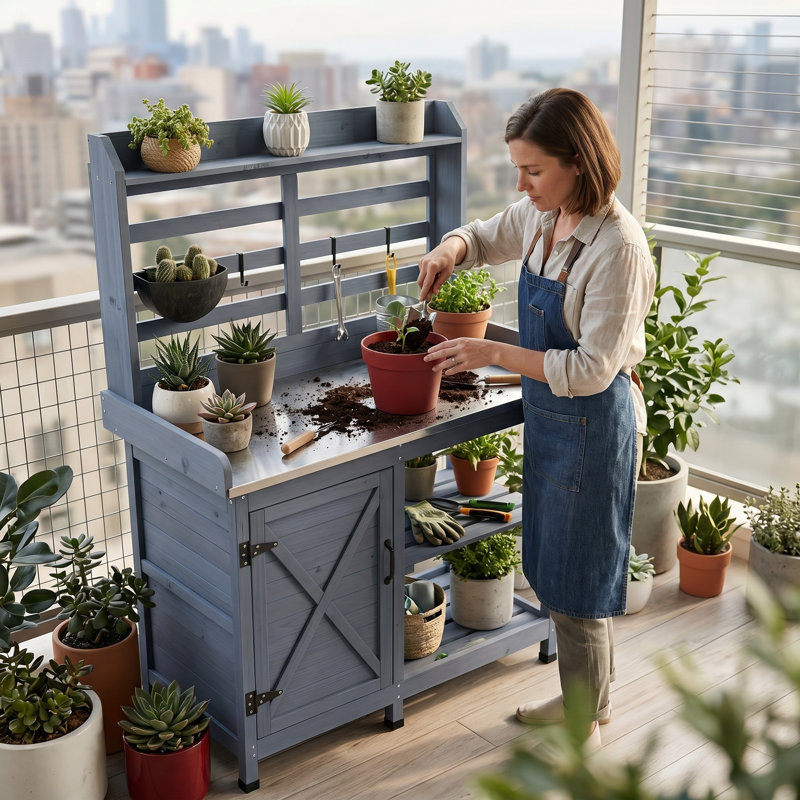 Banc de rempotage en bois avec rangement, poste de travail extérieur facile à nettoyer, Gris
