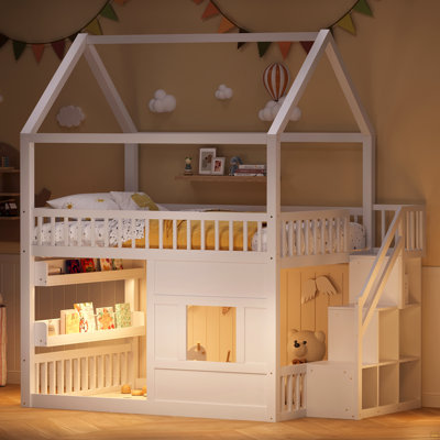 Full Size Wooden House Bed With Built-In LED Shelf Light, White
