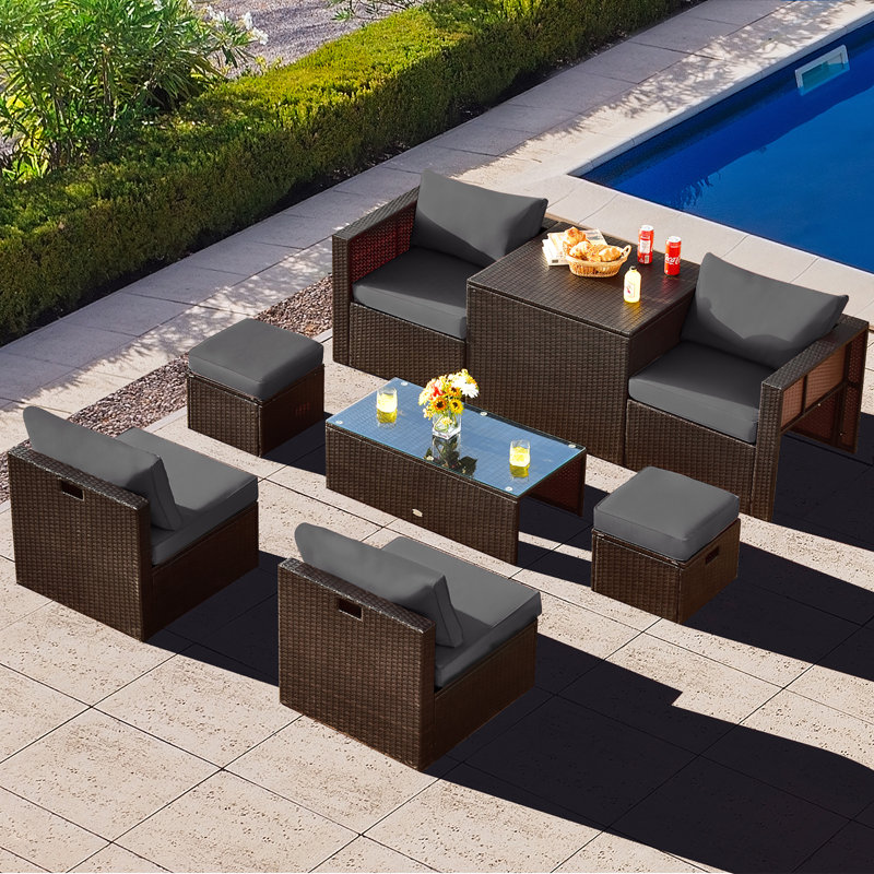 Ensemble de meubles de patio en rotin 8 pièces Ebern Designs, Beige, Gris