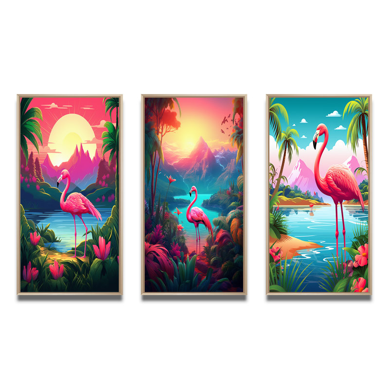 «Pink Flamingo In Tropical Landscape», 3 pièces sur toile, Encadrement brun, H 32 po x l 48 po