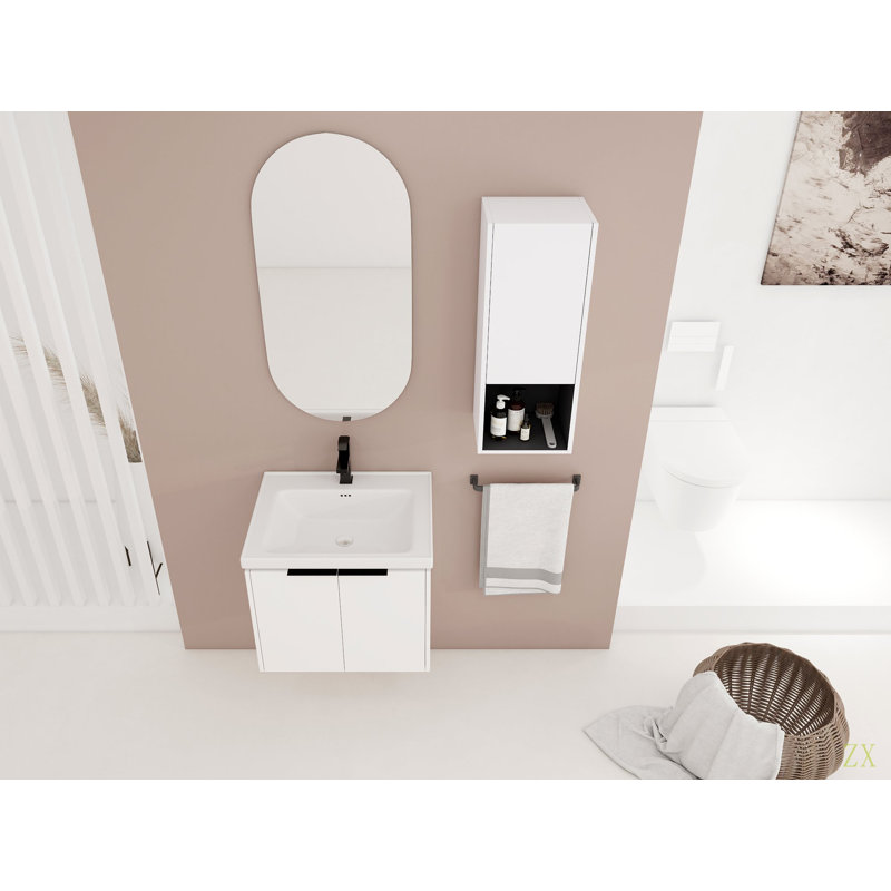 Meuble-lavabo mural 24 po avec lavabo en céramique, armoire latérale et portes à fermeture douce, armoire combinée (ensemble KD)