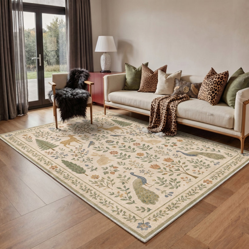 Tapis beige / vert à motif animal lavable à la machine avec envers antidérapant, Rectangulaire 8 pi x 10 pi