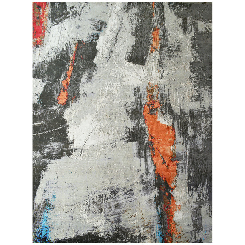 Tapis noir / rouille / ivoire noué à la main de haute qualité, Rectangle 8 pi x 10 pi