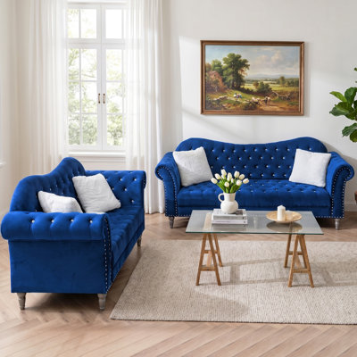 Velvet Loveseat and 3-Seater Sofa Set, Crystal Diamond Tufted Chesterfield, Blue