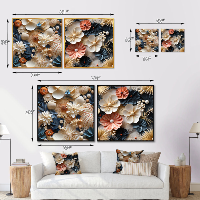 Rondeau - Ensemble de 2 collages carrés floraux, Cadre flottant noir, H 16 po x l 33 po
