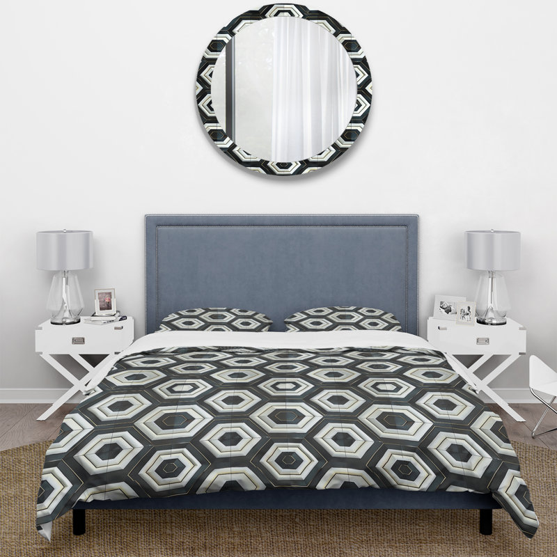 Ensemble de housse de couette noir et blanc Hexagon V - Mid-Century, Housse de couette très grand + 2 taies décorativ